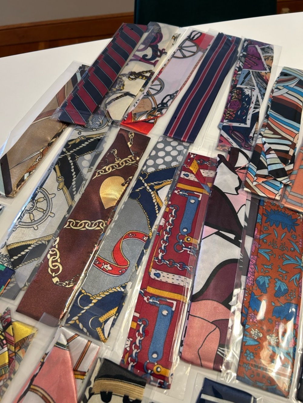 Lot of Skinny Satin Scarf Scarves 32 piece Bundle Mixed Color Designs Brand New! - Picture 3 of 15